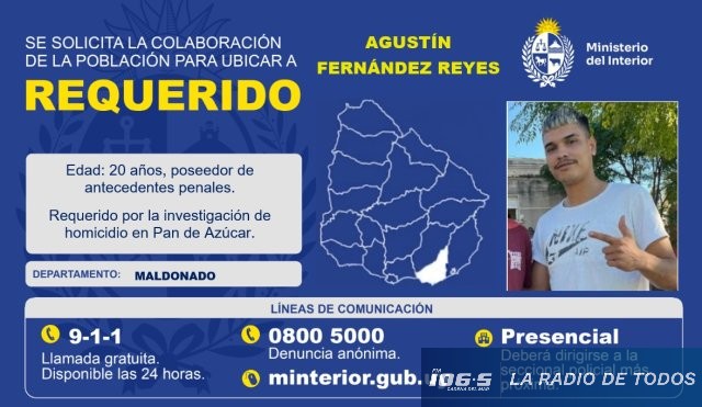 Pan de Azúcar (Maldonado): Ministerio del Interior busca a un joven por un homicidio en plena vía pública.