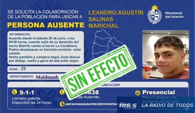 Maldonado: apareció en buen estado de salud Leandro Agustín Salinas Marichal, de 19 años.