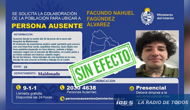 Apareció en buen estado de salud Facundo Nahuel Fagúndez Álvarez.
