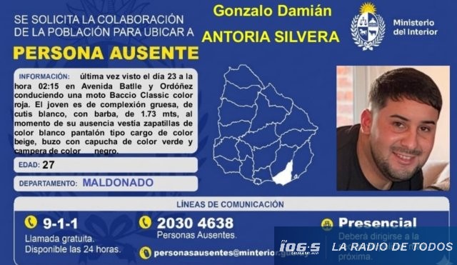 Ausente: solicitan colaboración para ubicar a Gonzalo Damián Antoria Silvera.