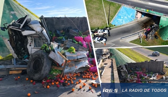 Camión cae desde puente (Las Piedras): terminó sobre la rotonda y el conductor resultó politraumatizado.