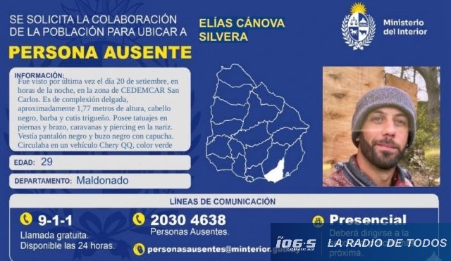 Ausente: solicitan colaboración para ubicar a Elías Cánova Silvera.