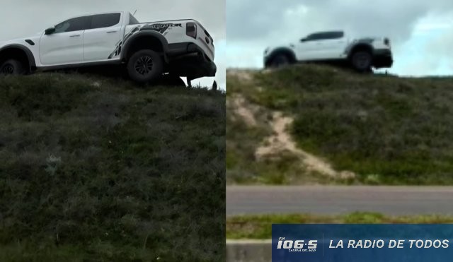 Ruta 10 (Laguna Blanca): camioneta Ford Raptor quedó colgando al borde de un médano.